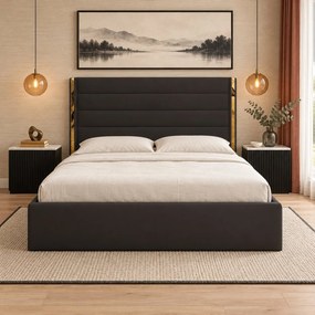 Pat tapițat din catifea Veyra 140×200 cm, negru, detalii aurii, cu ladă de depozitare