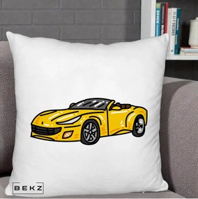 Perna Personalizata Masina Cabriolet Galbena Grafic, 40x40 cm, Alb Pufos, Husa Detasabila, Perna Inclusa, BEKZ®