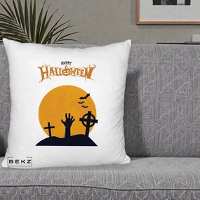 Perna Decorativa Happy Halloween Cimitir cu Luna, 40x40 cm, Alb Pufos, Husa Detasabila, Perna Inclusa, BEKZ®