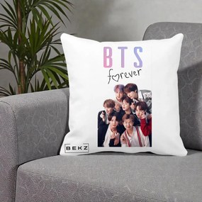 Perna Personalizata K-pop BTS Forever cu Foto Grup Negru, 40x40 cm, Alba Mata, Husa Detasabila, Perna Inclusa, BEKZ®