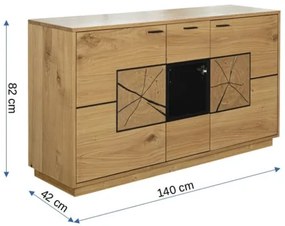 Bufet Urbano Oak Cu 3 Usi Si 1 Sertar, Stejar Rustic Si Negru, 140 Cm
