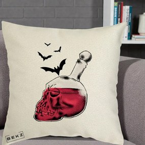 Perna Decorativa Halloween Craniu-Sticla cu Lilieci, 40x40 cm, Ecru, Husa Detasabila, Perna Inclusa, BEKZ®