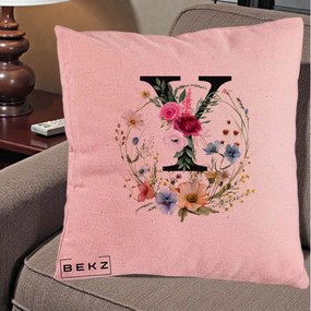 Cadou Personalizat - Perna Personalizata Monograma Florala Litera Y cu Coroana, 40x40 cm, Roz, Husa Detasabila, Perna Inclusa, BEKZ®