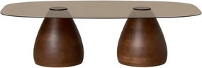 Măsuță de cafea din sticlă și lemn de mango, fumuriu și maro, cu blat dreptunghiular rotunjit și 2 baze bombate, 38 x 140 x 80 cm, „Ganache”