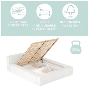 Pat matrimonial bej tapițat cu spațiu de depozitare cu somieră 180x200 cm Voliera – Maison de Rêve