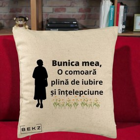 Cadou pentru Bunica - Perna Personalizata Bunica Mea Comoara Iubire Intelepciune Silueta cu Nepoata, 40x40 cm, Bej, Husa Detasabila, Perna Inclusa, BEKZ®