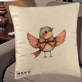 Perna Decorativa Pasare Roz cu Aripi si Fundita, 40x40 cm, Bej, Husa Detasabila, Perna Inclusa, BEKZ®