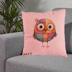 Perna Decorativa Pasare Patchwork Colorata, 40x40 cm, Roz, Husa Detasabila, Perna Inclusa, BEKZ®