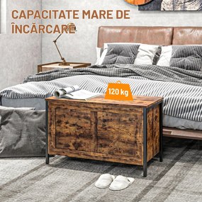 HOMCOM Bancă de Depozitare de 95L în Stil Industrial cu Capac cu Balamale de Siguranță, 80x40x49 cm, Maro Rustic | Aosom Romania