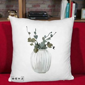 Perna Decorativa Vaza cu Eucalipt Watercolor, 40x40 cm, Alb Pufos, Husa Detasabila, Perna Inclusa, BEKZ®