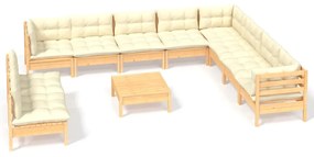 Set mobilier gradina cu perne crem, 11 piese, lemn masiv de pin maro si crem, 1