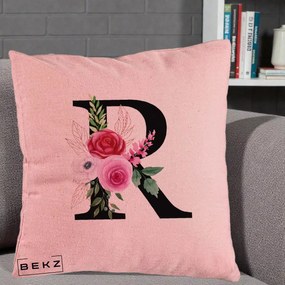 Cadou Personalizat - Perna Personalizata Monograma Florala Litera R, 40x40 cm, Roz, Husa Detasabila, Perna Inclusa, BEKZ®