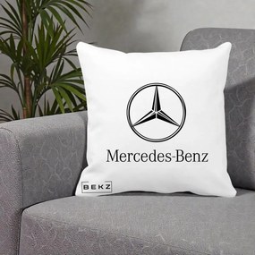 Perna Personalizata cu emblema Mercedes-Benz, 40x40 cm, Alba Mata, Husa Detasabila, Perna Inclusa, BEKZ®