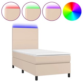 3135806 vidaXL Pat cu arcuri, cu saltea și LED, cappuccino 90x200 cm piele eco