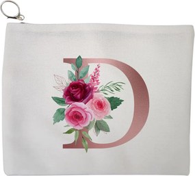 Portfard Cosmetice tip Plic, Cu litera D Rose Gold si Trandafiri, 23x18 cm, Alb, BEKZ®
