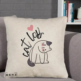 Perna Personalizata Cat Lover Pisica Ilustratie Linie, 40x40 cm, Bej Canapea, Husa Detasabila, Perna Inclusa, BEKZ®