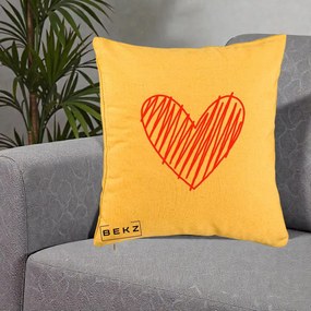 Perna Decorativa Inima Rosie Desen Manual, 40x40 cm, Galben, Husa Detasabila, Perna Inclusa, BEKZ®