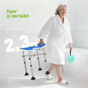 HOMCOM Taburet de Duș Reglabil pe Înălțime cu Mâner cu Ventuză și Picioare Antiderapante, 48,5x33x39-51,5 cm, Albastru | Aosom Romania