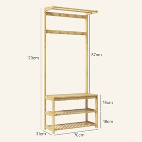 HOMCOM Suport de Haine cu 10 Cârlige, 2 Bare și Bancă pentru Pantofi, Suport de Haine de Podea, 70x31x170 cm, Maro | Aosom Romania