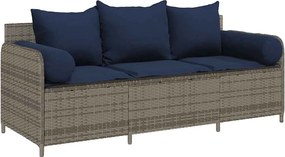 vidaXL Canapea de grădină cu perne, cu 3 locuri, gri, poliratan