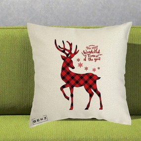 Perna Decorativa Ren Buffalo Plaid Craciun, 40x40 cm, Ecru, Husa Detasabila, Perna Inclusa, BEKZ®