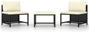 vidaXL Set mobilier de grădină cu perne, 3 piese, negru, poliratan