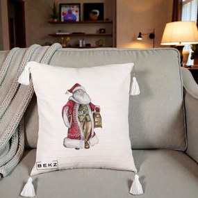 Perna Decorativa Mos Craciun Vintage cu Felinar, 40x40 cm, Bej cu Franjuri, Husa Detasabila, Perna Inclusa, BEKZ®