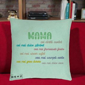 Cadou pentru Mama - Perna Personalizata Mama Cel Dintai Cuvant cu Text Colorat Multicolor, 40x40 cm, Verde Menta, Husa Detasabila, Perna Inclusa, BEKZ®