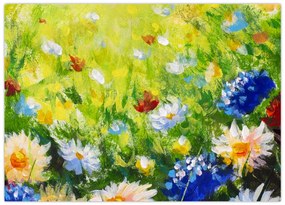 Tablou pe sticlă - Pictură în ulei, pajiște înflorită (70x50 cm)
