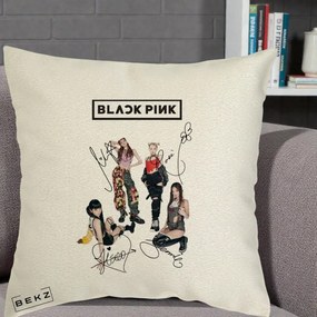 Perna Personalizata K-pop BLACKPINK Fotografie Grup Autografe Toate Membre, 40x40 cm, Ecru, Husa Detasabila, Perna Inclusa, BEKZ®
