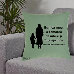 Cadou pentru Bunica - Perna Personalizata Bunica Mea Comoara Iubire Intelepciune Silueta, 40x40 cm, Verde, Husa Detasabila, Perna Inclusa, BEKZ®