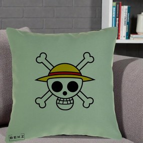 Perna Personalizata One Piece Jolly Roger Straw Hat Pirates, 40x40 cm, Verde, Husa Detasabila, Perna Inclusa, BEKZ®