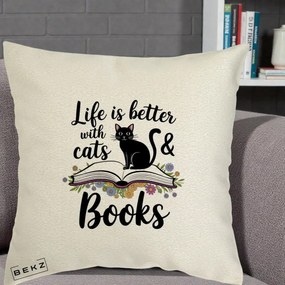 Perna Personalizata Life is Better Cats and Books, 40x40 cm, Ecru, Husa Detasabila, Perna Inclusa, BEKZ®