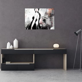 Tablou pe sticlă - Doamna și Turnul Eiffel (70x50 cm)