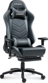 RESIGILAT- DOWINX Scaun gaming, ergonomic, suport lombar cu masaj, spătar rabatabil 90-180°, cotiere reglabile, suport pentru picioare, rezistent 150 kg, piele PU, Negru/Gri