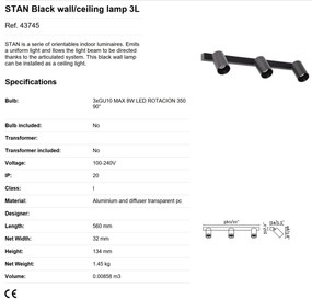 Aplica perete / tavan cu 3 spoturi directionabile design modern STAN 3L neagra