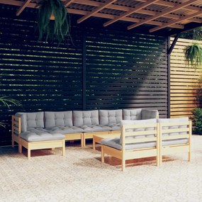 3097108 vidaXL Set mobilier de grădină cu perne gri 10 piese lemn masiv de pin