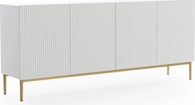 Comodă Nicole 200 cm cu patru uși, fronturi riflate - alb mat / picioare aurii