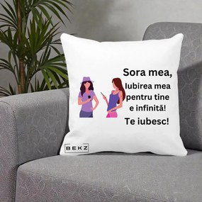 Cadou pentru Sora - Perna Personalizata Sora Mea Te Iubesc Doua Fete cu Telefoane, 40x40 cm, Alba Mata, Husa Detasabila, Perna Inclusa, BEKZ®