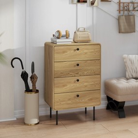 HOMCOM Comodă 4 sertare, mobilier de depozitare îngust cu picioare din oțel, colțuri rotunjite, 60 x 39 x 91,5 cm, stejar | Aosom Romania