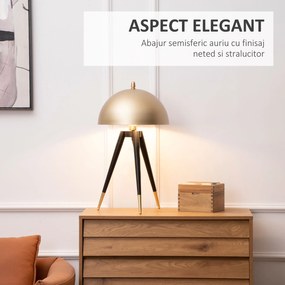 Homcom Lampă de Masă și Noptieră cu Trepied, Abajur Tip Cupolă, Suport E27, Design Modern, Negru și Auriu, pentru Birou | Aosom Romania