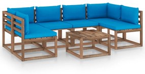 Set mobilier gradina paleti cu perne, 7 piese, lemn pin tratat Albastru deschis, 2x colt + 4x mijloc + masa, 1