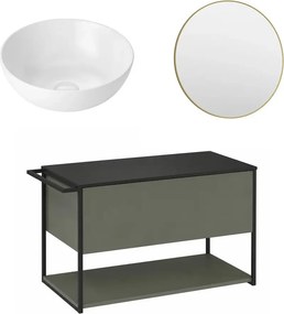 Set dulap baza suspendat Krofam Lov verde-negru 80 cm blat negru cu lavoar 39 cm si oglinda