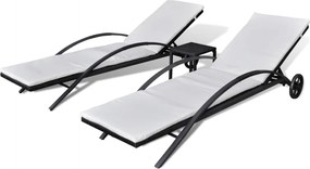 vidaXL Șezlonguri de plajă cu masă, negru, poliratan