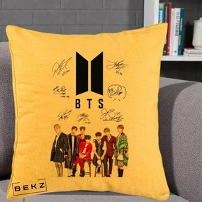 Perna Personalizata K-pop BTS Semnaturi Foto, 40x40 cm, Galben, Husa Detasabila, Perna Inclusa, BEKZ®