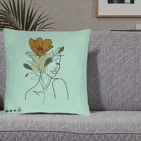 Perna Decorativa Portret Feminin Floare Portocalie, 40x40 cm, Verde Menta, Husa Detasabila, Perna Inclusa, BEKZ®