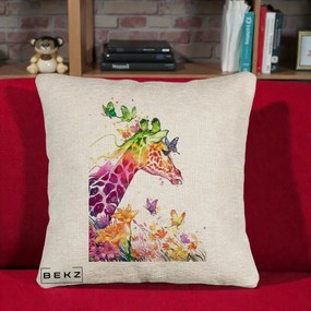 Perna Decorativa Girafa Curcubeu Acuarela, 40x40 cm, Bej Canapea, Husa Detasabila, Perna Inclusa, BEKZ®