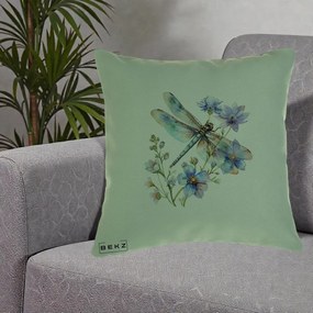 Perna Decorativa Libelula Acuarela Flori Albastre, 40x40 cm, Verde, Husa Detasabila, Perna Inclusa, BEKZ®