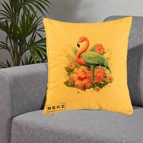 Perna Decorativa Flamingo cu Hibiscus Tropical, 40x40 cm, Galben, Husa Detasabila, Perna Inclusa, BEKZ®