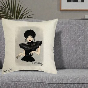 Perna Personalizata Wednesday Addams Portret Gotic, 40x40 cm, Ecru, Husa Detasabila, Perna Inclusa, BEKZ®